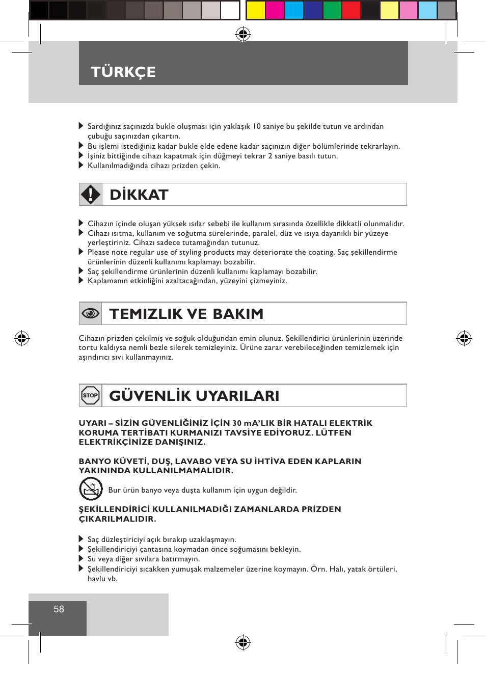 Türkçe, Dikkat, Temizlik ve bakim | Güvenlik uyarilari | Remington CI9532 User Manual | Page 60 / 83