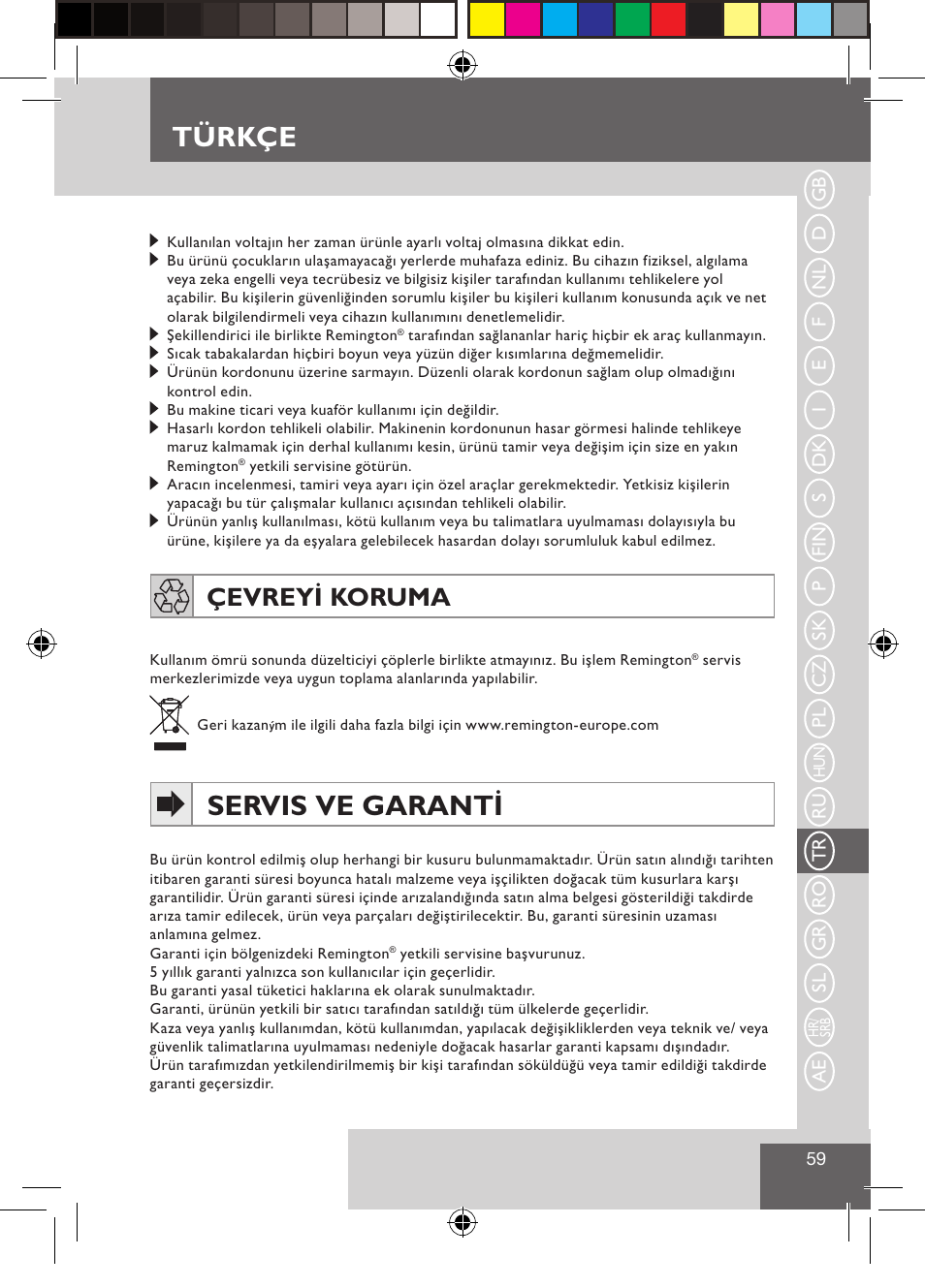 Türkçe, Servis ve garanti, Çevreyi koruma | Remington CI9532 User Manual | Page 61 / 83