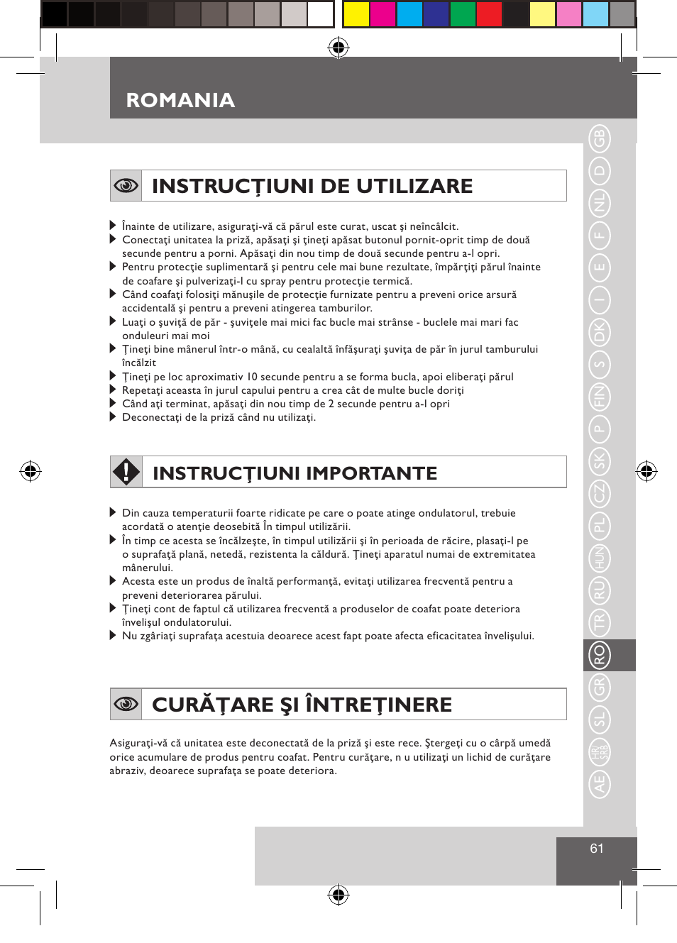 Romania, Instrucţiuni de utilizare, Curăţare şi întreţinere | Instrucţiuni importante | Remington CI9532 User Manual | Page 63 / 83