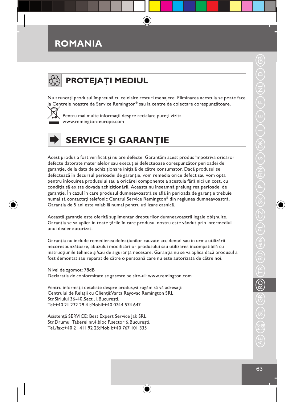 Romania, Service şi garanţie, Protejaţi mediul | Remington CI9532 User Manual | Page 65 / 83