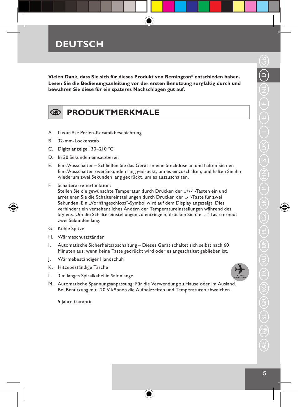 Deutsch, Produktmerkmale | Remington CI9532 User Manual | Page 7 / 83