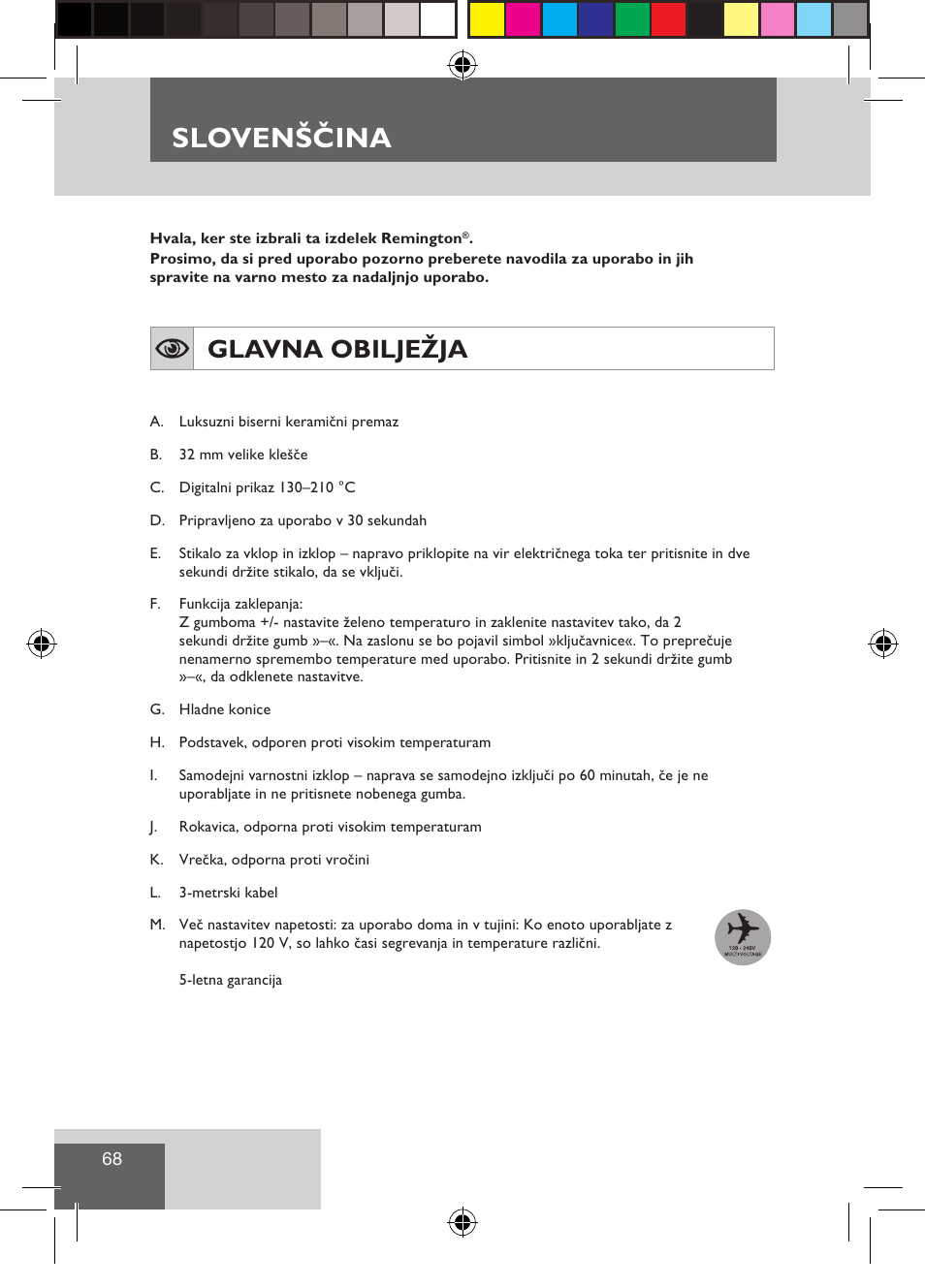 Slovenščina, Glavna obilježja | Remington CI9532 User Manual | Page 70 / 83