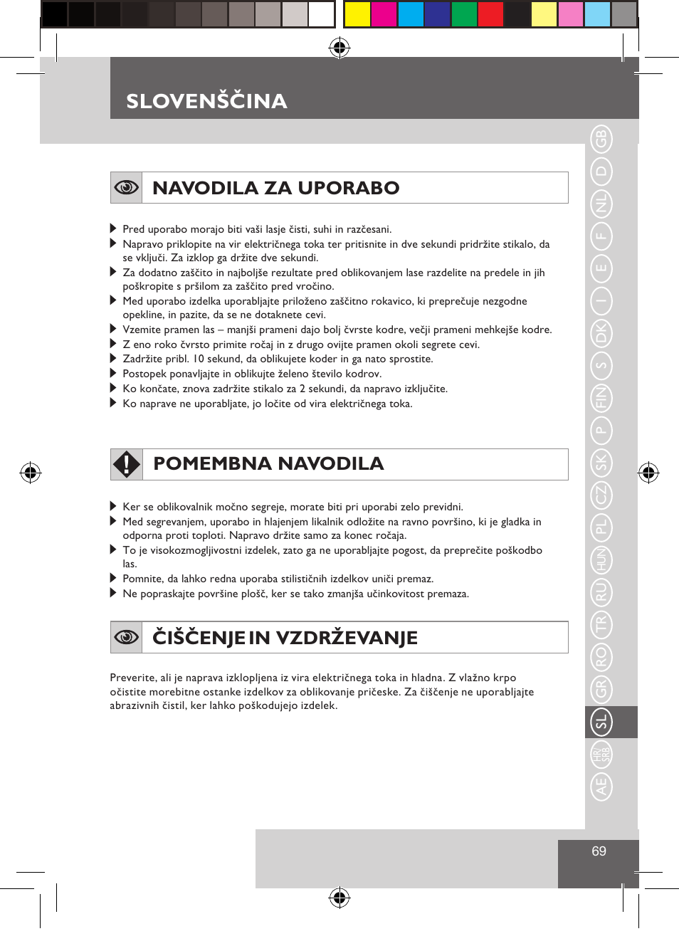 Slovenščina, Navodila za uporabo, Pomembna navodila | Čiščenje in vzdrževanje | Remington CI9532 User Manual | Page 71 / 83