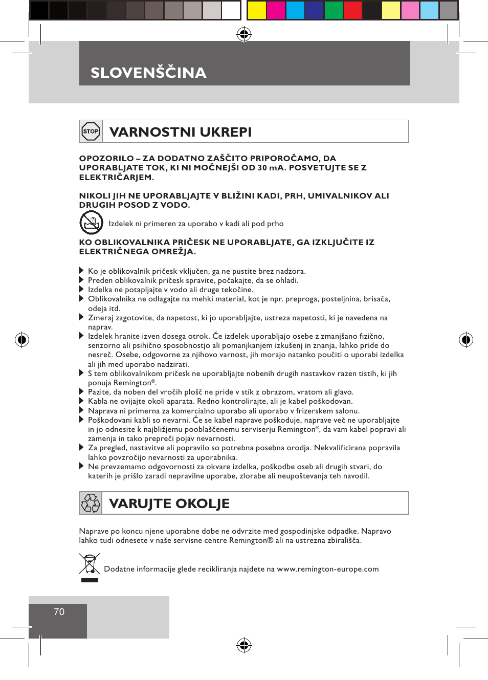 Slovenščina, Varnostni ukrepi, Varujte okolje | Remington CI9532 User Manual | Page 72 / 83