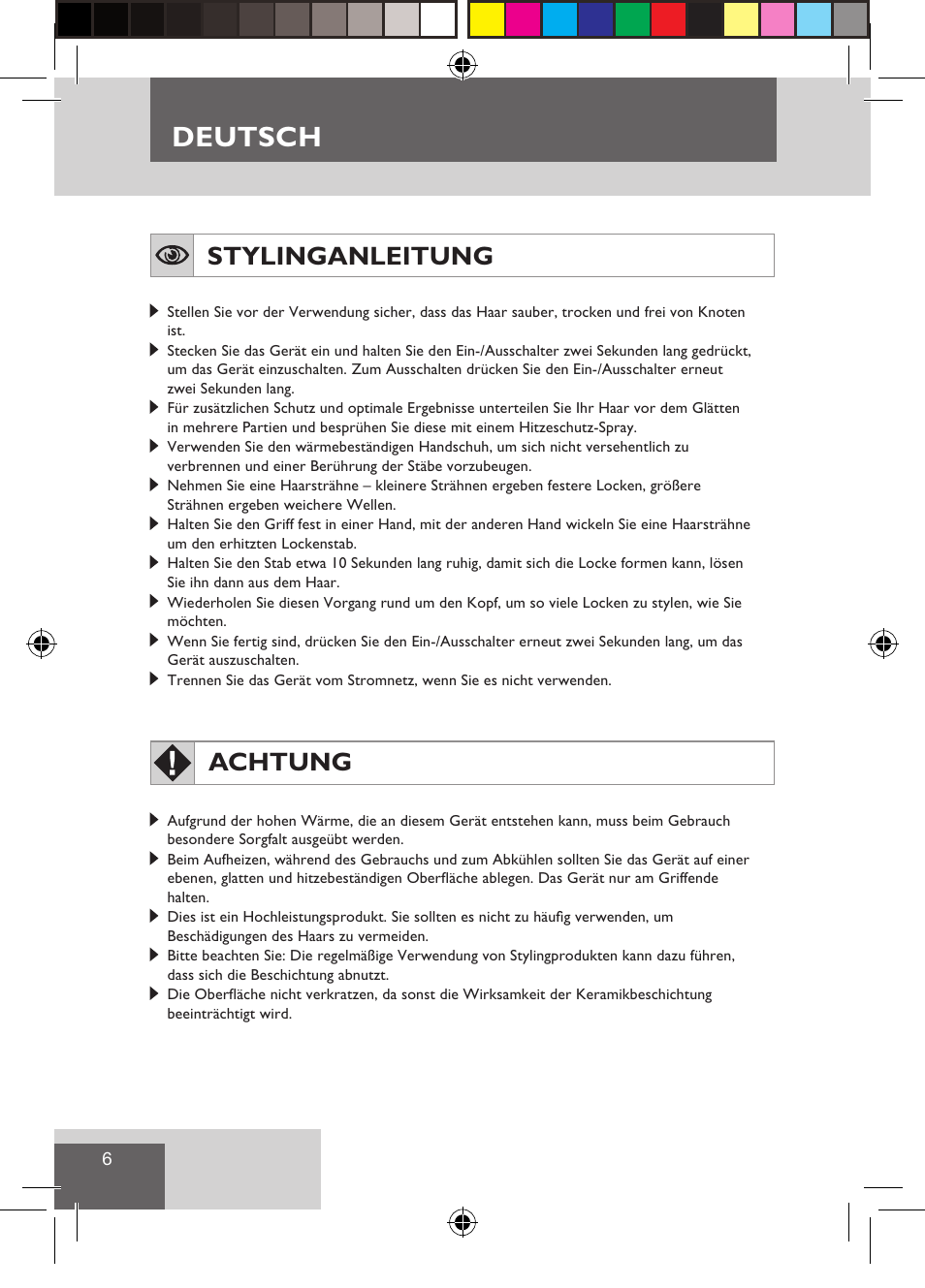 Deutsch, Stylinganleitung, Achtung | Remington CI9532 User Manual | Page 8 / 83