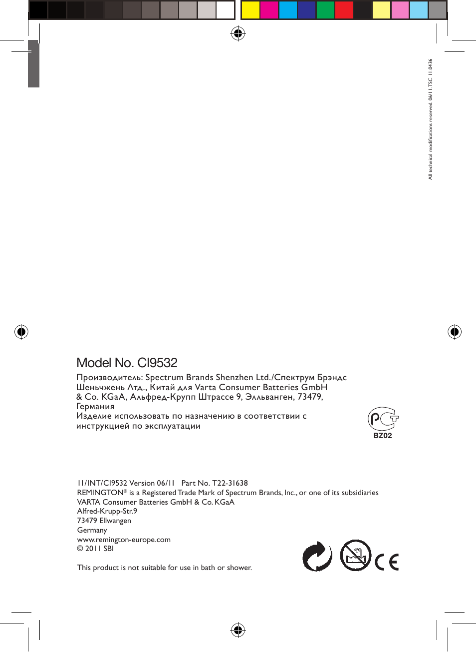 Model no. ci9532 | Remington CI9532 User Manual | Page 83 / 83