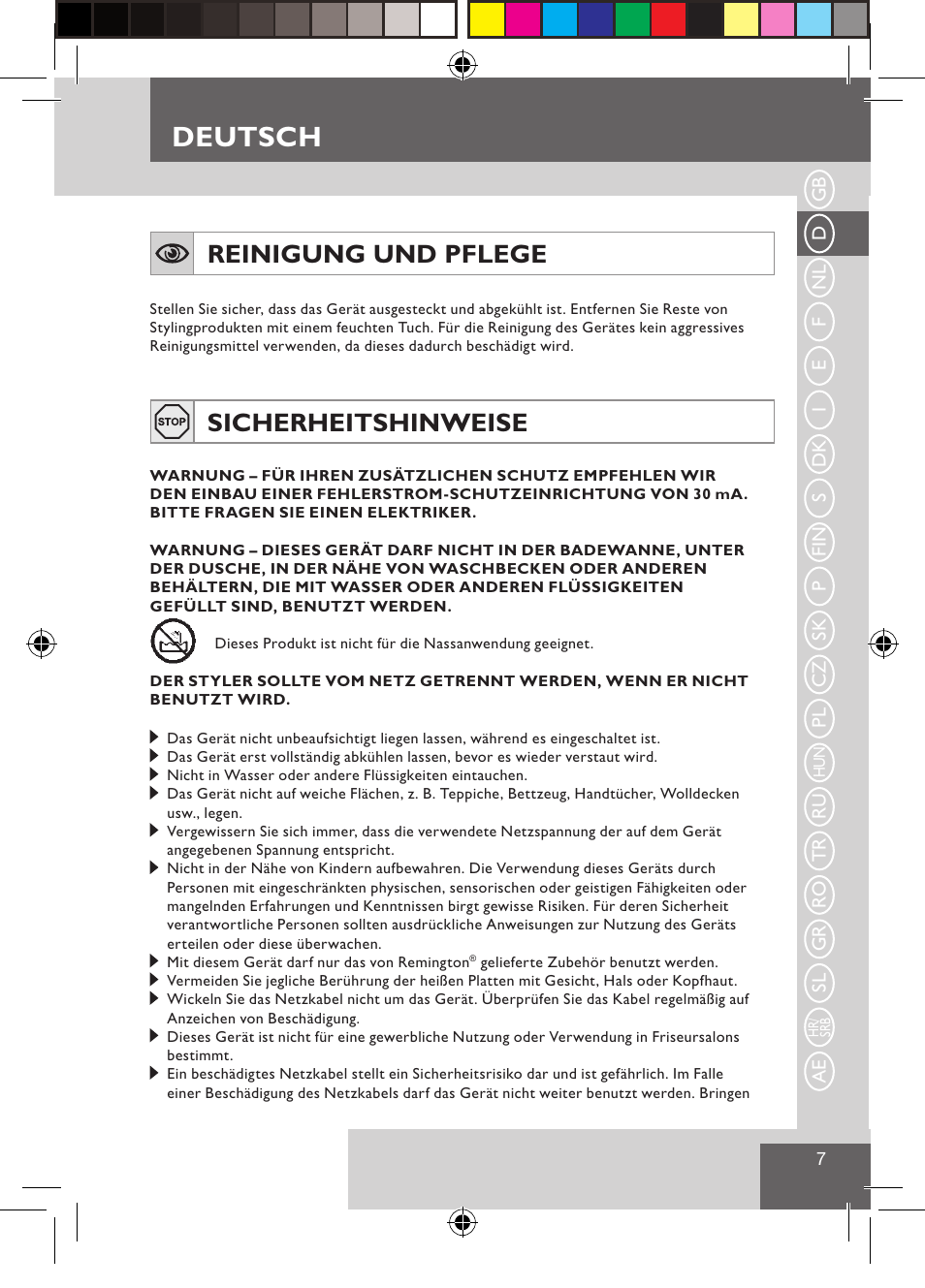 Deutsch, Reinigung und pflege, Sicherheitshinweise | Remington CI9532 User Manual | Page 9 / 83