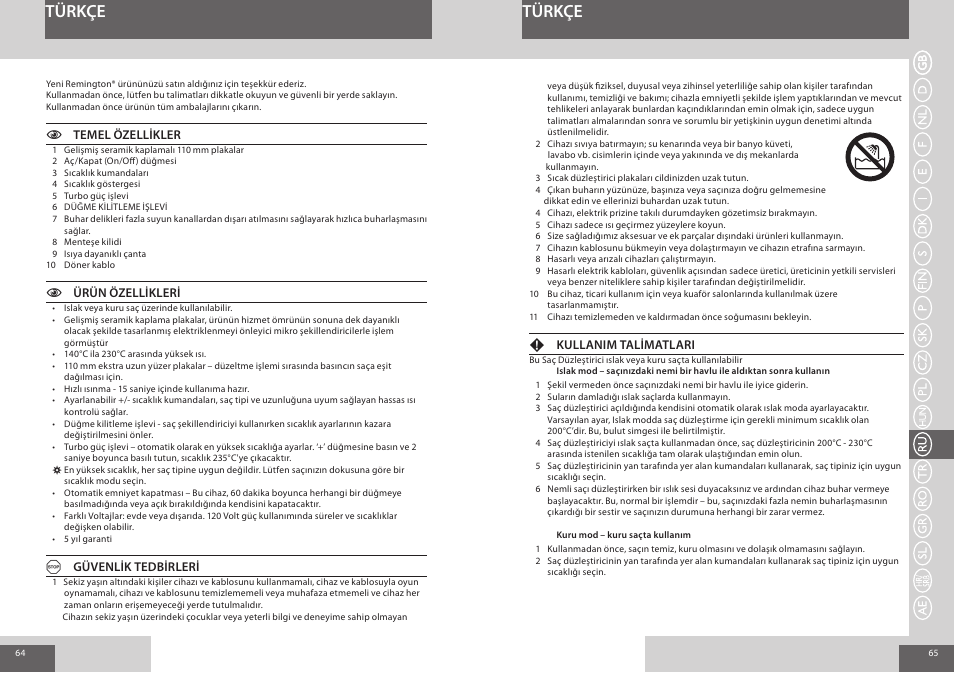 Türkçe | Remington S7200 User Manual | Page 33 / 48