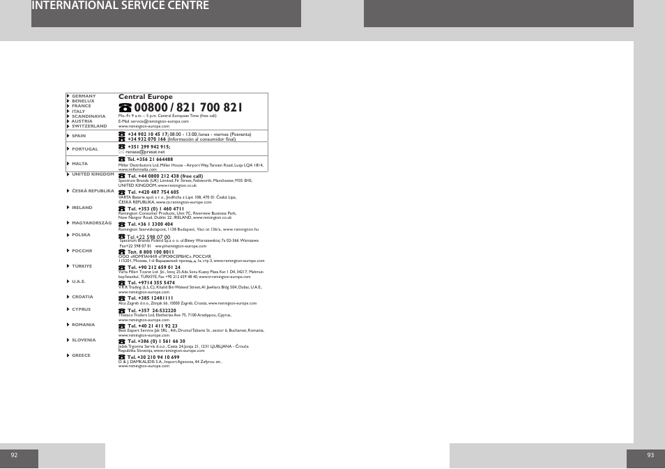 International service centre, Central europe | Remington S7200 User Manual | Page 47 / 48