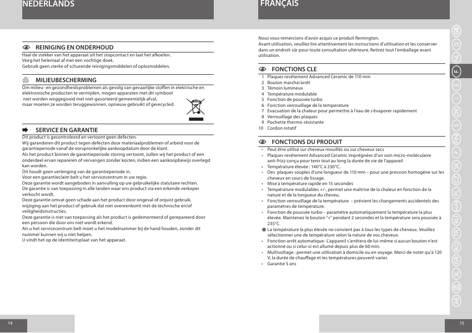 Français, Nederlands | Remington S7200 User Manual | Page 8 / 48