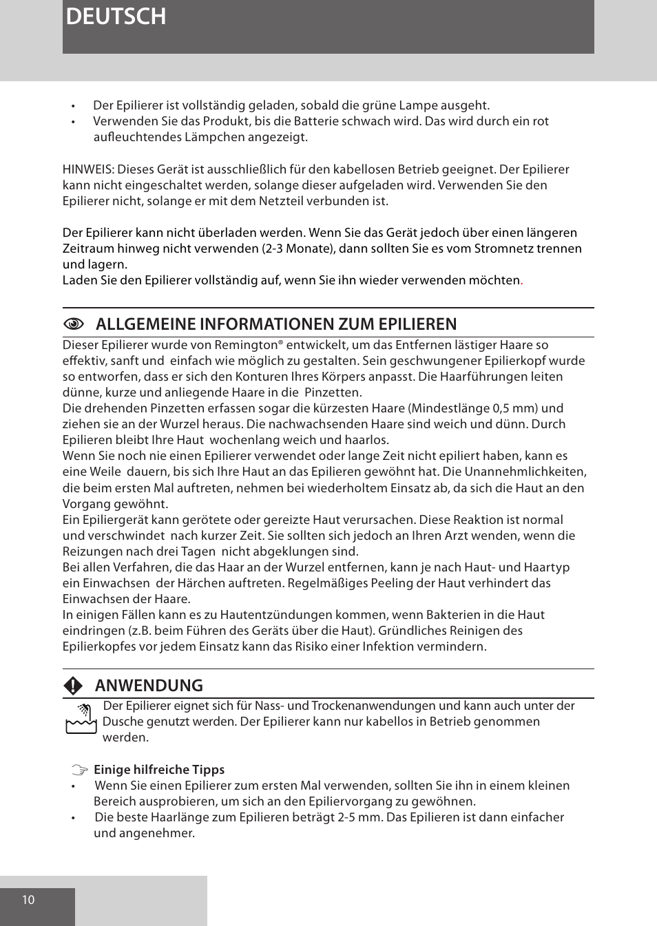 Deutsch, Callgemeine informationen zum epilieren, Fanwendung | Remington EP7030 User Manual | Page 10 / 152