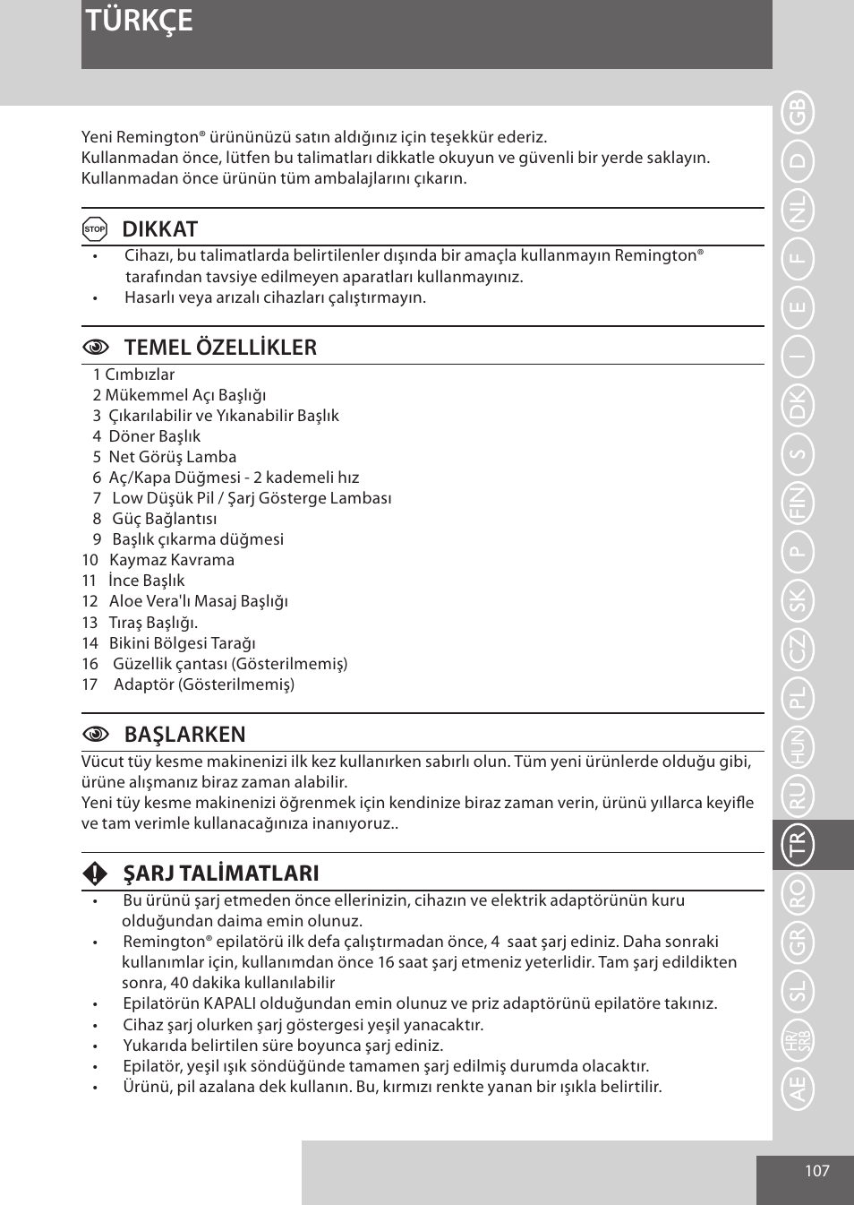Türkçe, Adikkat, Ctemel özellikler | Cbaşlarken, Fşarj talimatlari | Remington EP7030 User Manual | Page 107 / 152