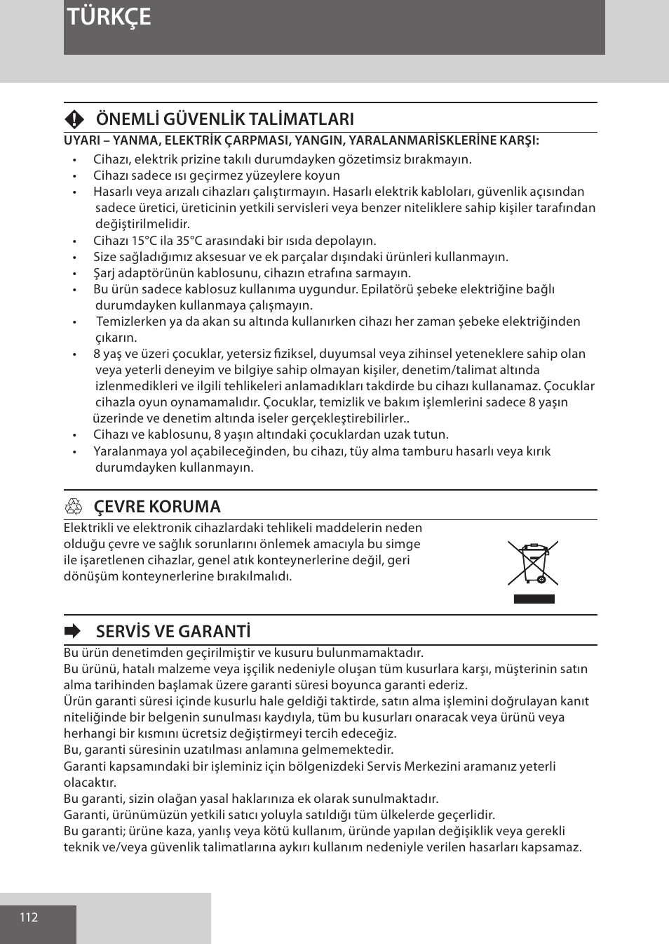 Türkçe, Fönemli güvenlik talimatlari, Hçevre koruma | Eservis ve garanti | Remington EP7030 User Manual | Page 112 / 152