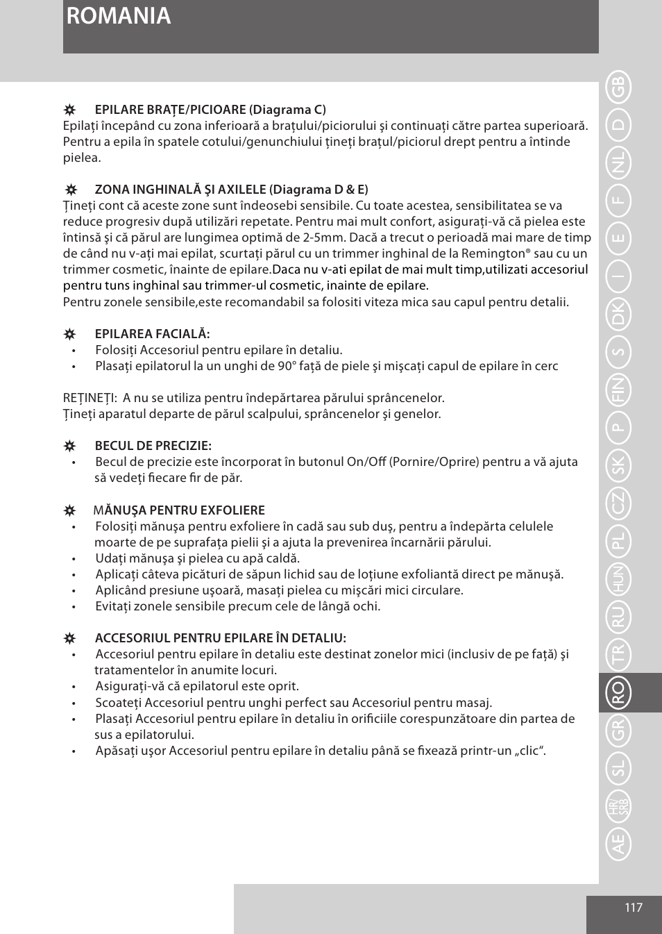 Romania | Remington EP7030 User Manual | Page 117 / 152