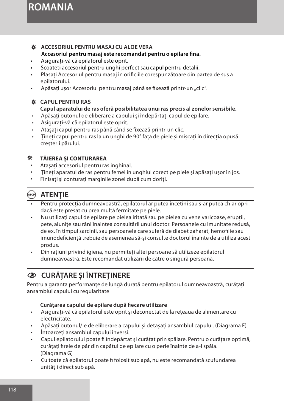 Romania, Atenţie, Ccurățare și întreținere | Remington EP7030 User Manual | Page 118 / 152