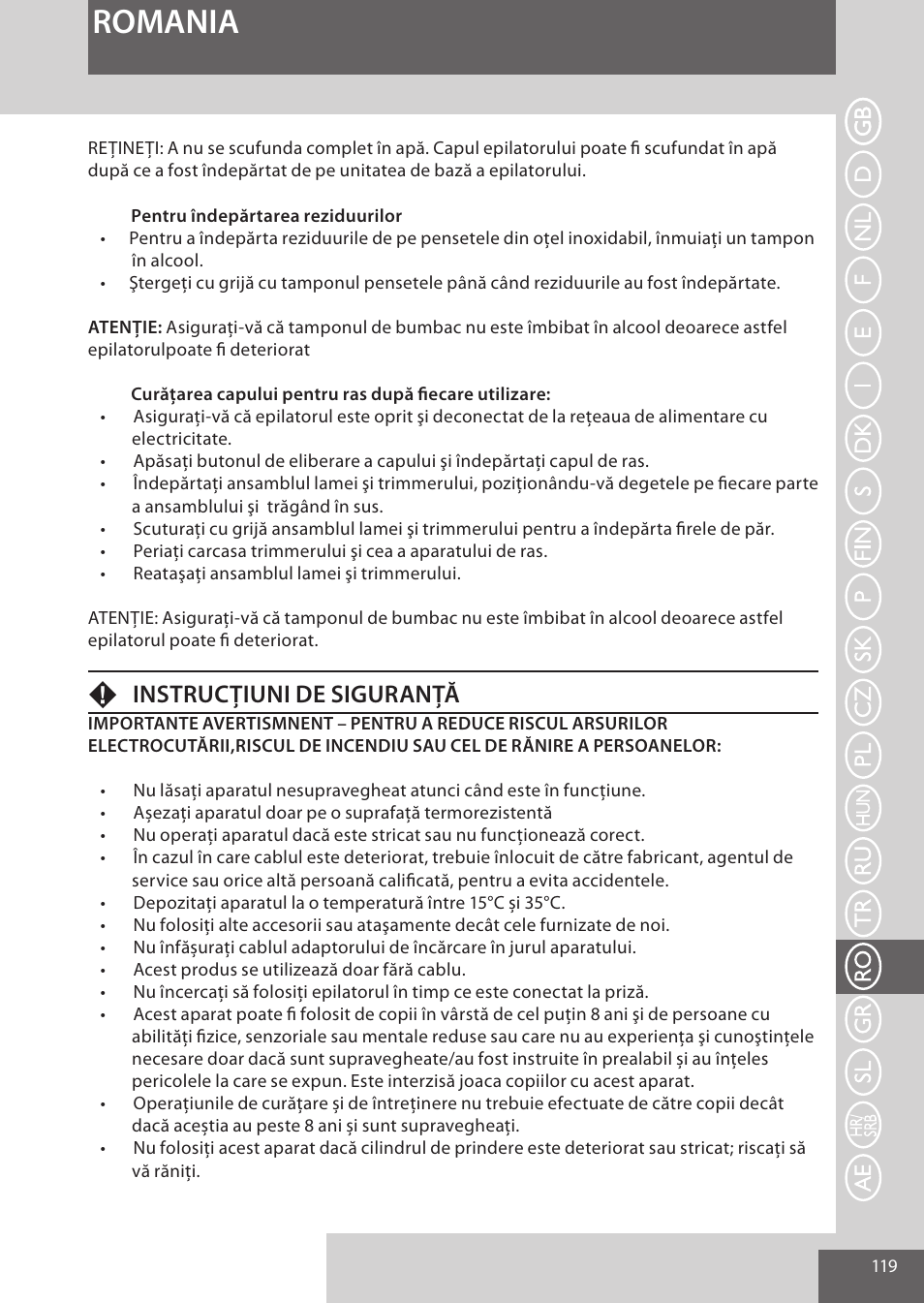 Romania, Finstrucţiuni de siguranţă | Remington EP7030 User Manual | Page 119 / 152