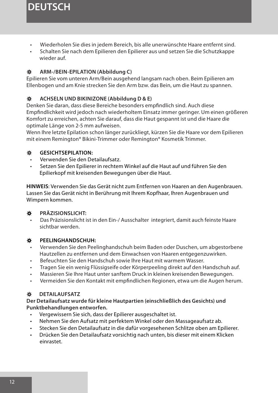 Deutsch | Remington EP7030 User Manual | Page 12 / 152