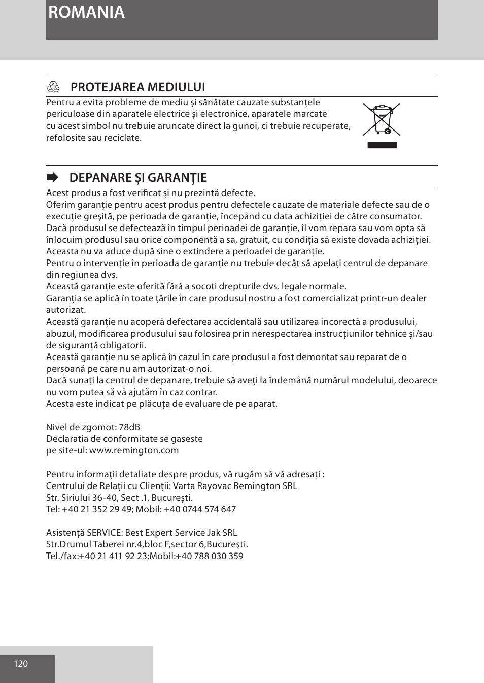 Romania, Hprotejarea mediului, Edepanare și garanție | Remington EP7030 User Manual | Page 120 / 152