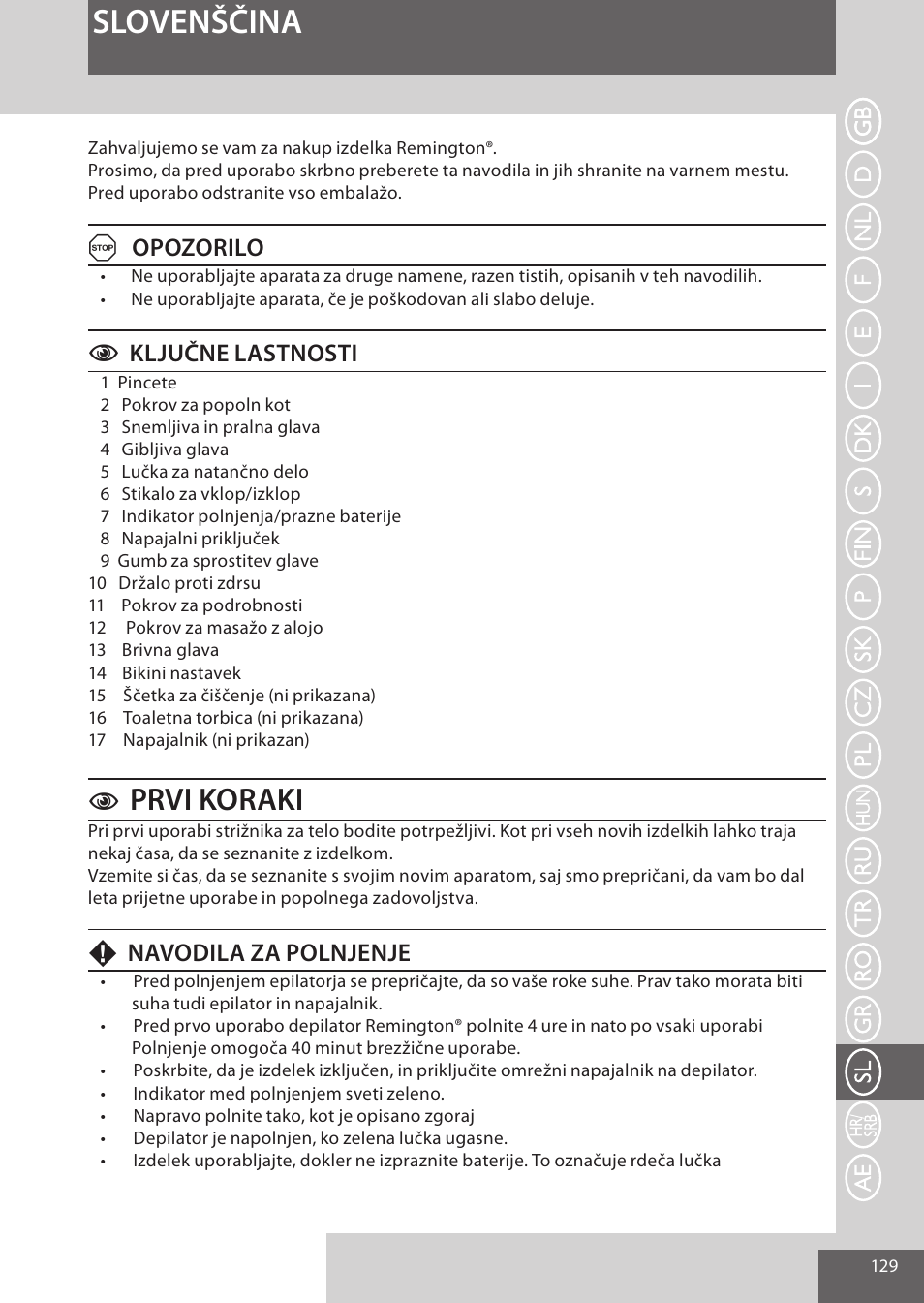 Slovenščina, Prvi koraki, Aopozorilo | Cključne lastnosti, Fnavodila za polnjenje | Remington EP7030 User Manual | Page 129 / 152