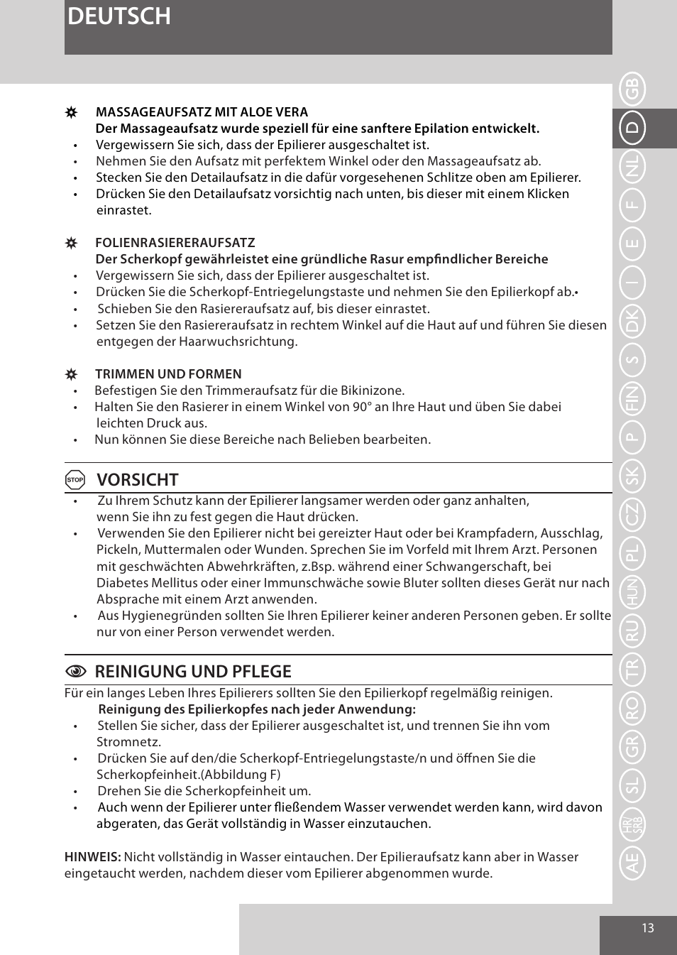 Deutsch, Avorsicht, Creinigung und pflege | Remington EP7030 User Manual | Page 13 / 152