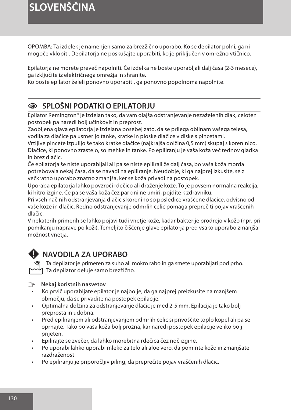 Slovenščina, Csplošni podatki o epilatorju, Navodila za uporabo | Remington EP7030 User Manual | Page 130 / 152