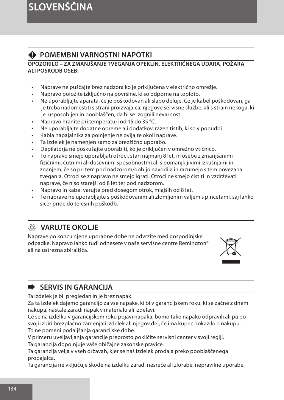 Slovenščina, Fpomembni varnostni napotki, Hvarujte okolje | Eservis in garancija | Remington EP7030 User Manual | Page 134 / 152