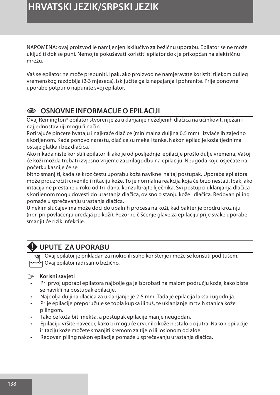 Hrvatski jezik/srpski jezik, Cosnovne informacije o epilaciji, Upute za uporabu | Remington EP7030 User Manual | Page 138 / 152