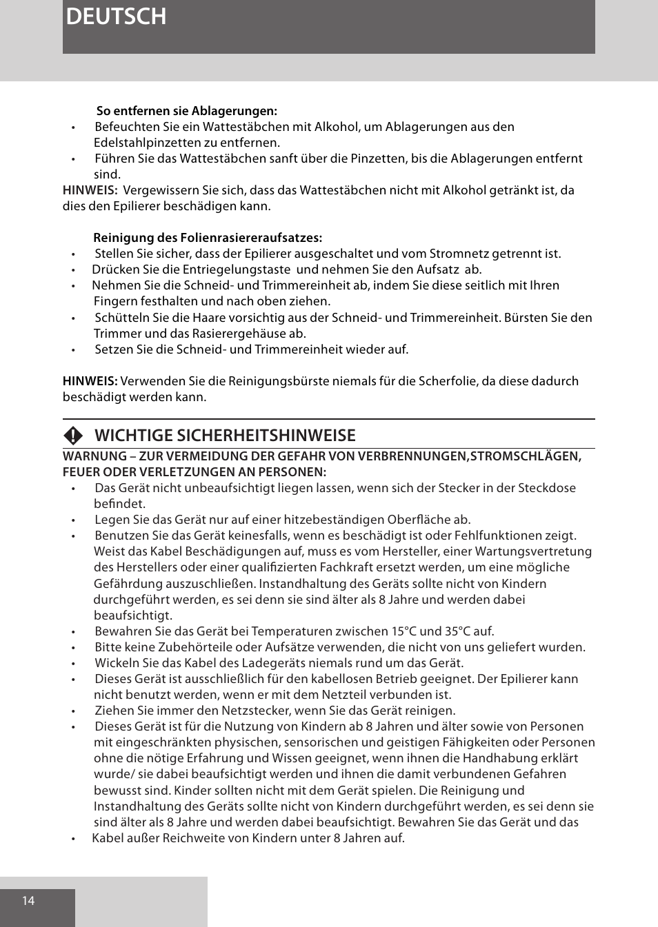 Deutsch, Fwichtige sicherheitshinweise | Remington EP7030 User Manual | Page 14 / 152