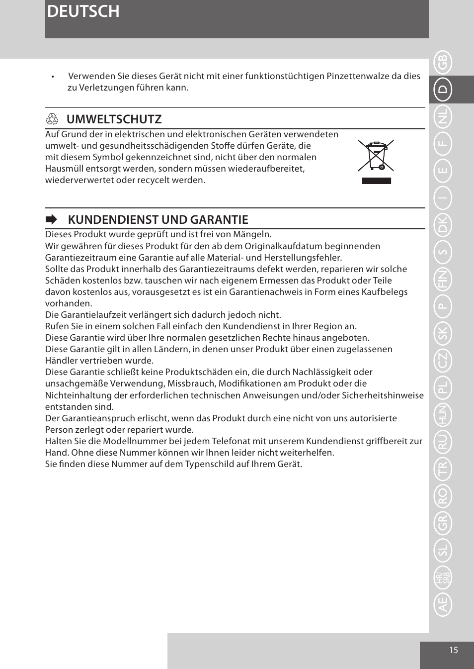 Deutsch, Humweltschutz, Ekundendienst und garantie | Remington EP7030 User Manual | Page 15 / 152