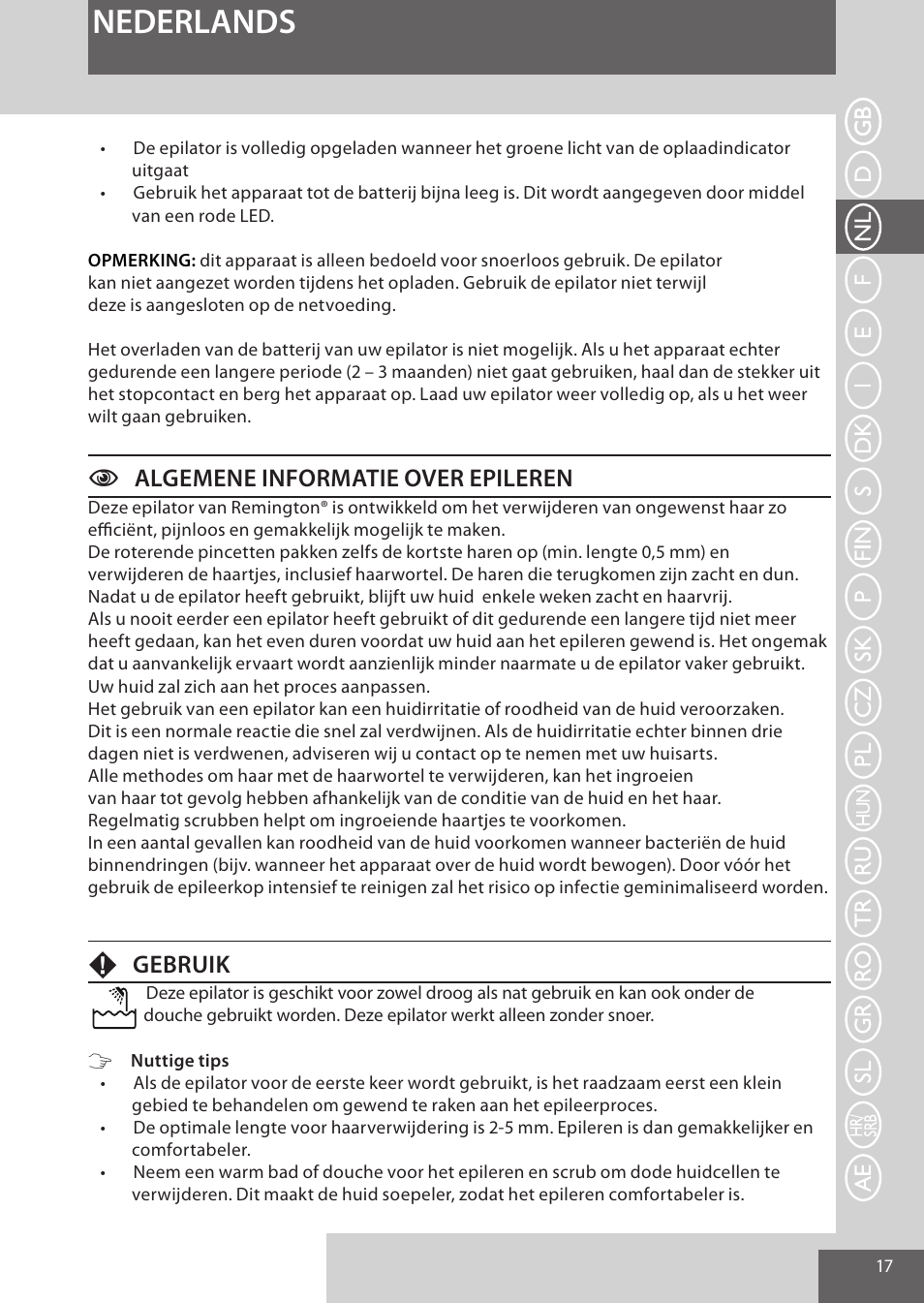 Nederlands, Calgemene informatie over epileren, Fgebruik | Remington EP7030 User Manual | Page 17 / 152