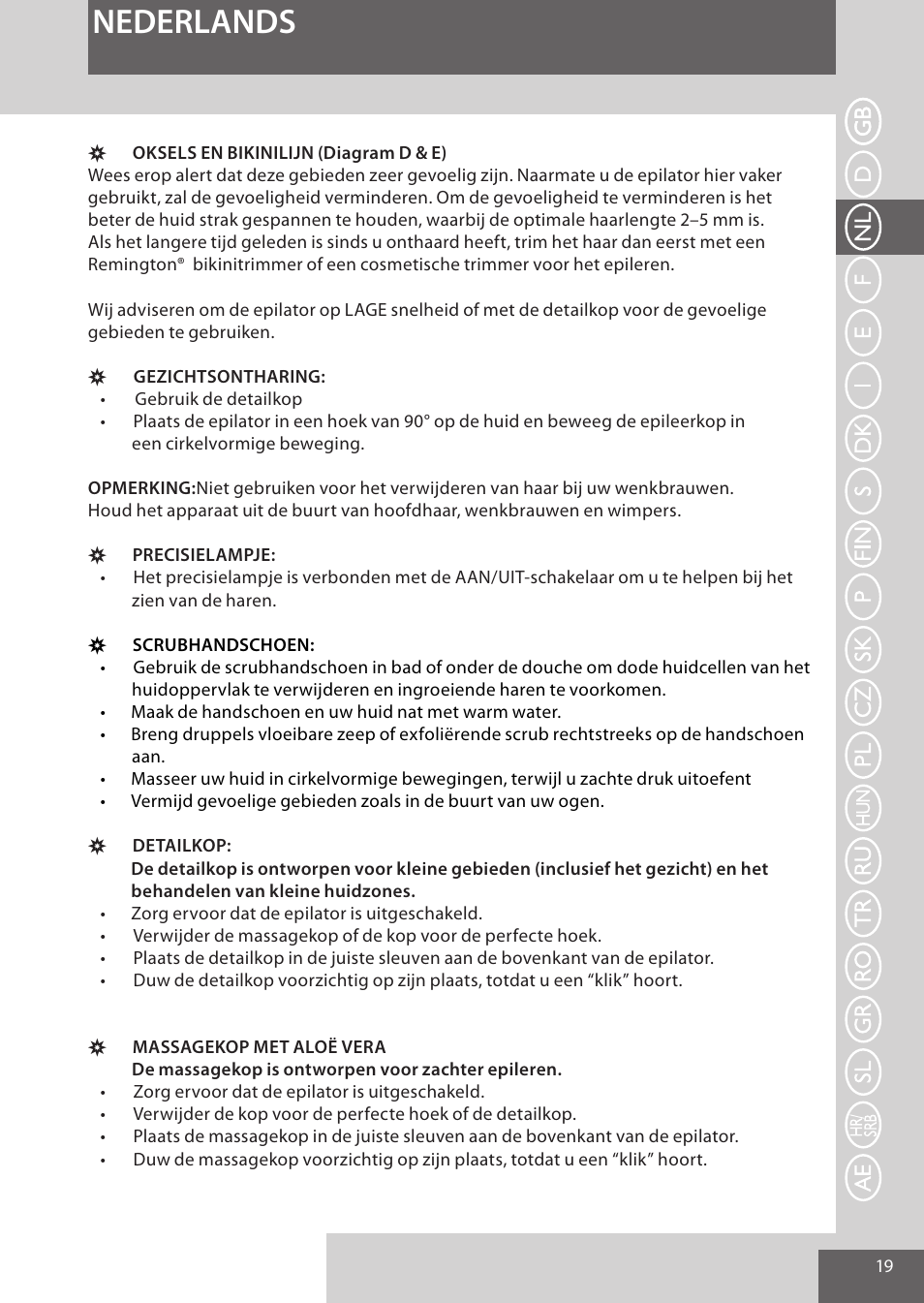 Nederlands | Remington EP7030 User Manual | Page 19 / 152