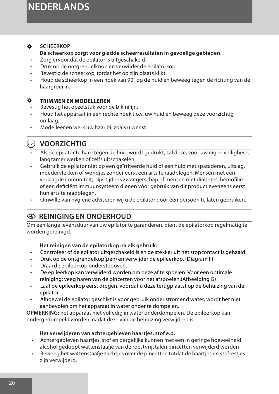 Nederlands, Avoorzichtig, Creiniging en onderhoud | Remington EP7030 User Manual | Page 20 / 152