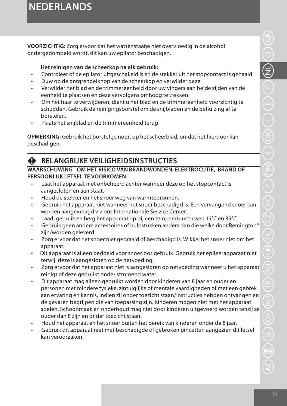 Nederlands, Fbelangrijke veiligheidsinstructies | Remington EP7030 User Manual | Page 21 / 152