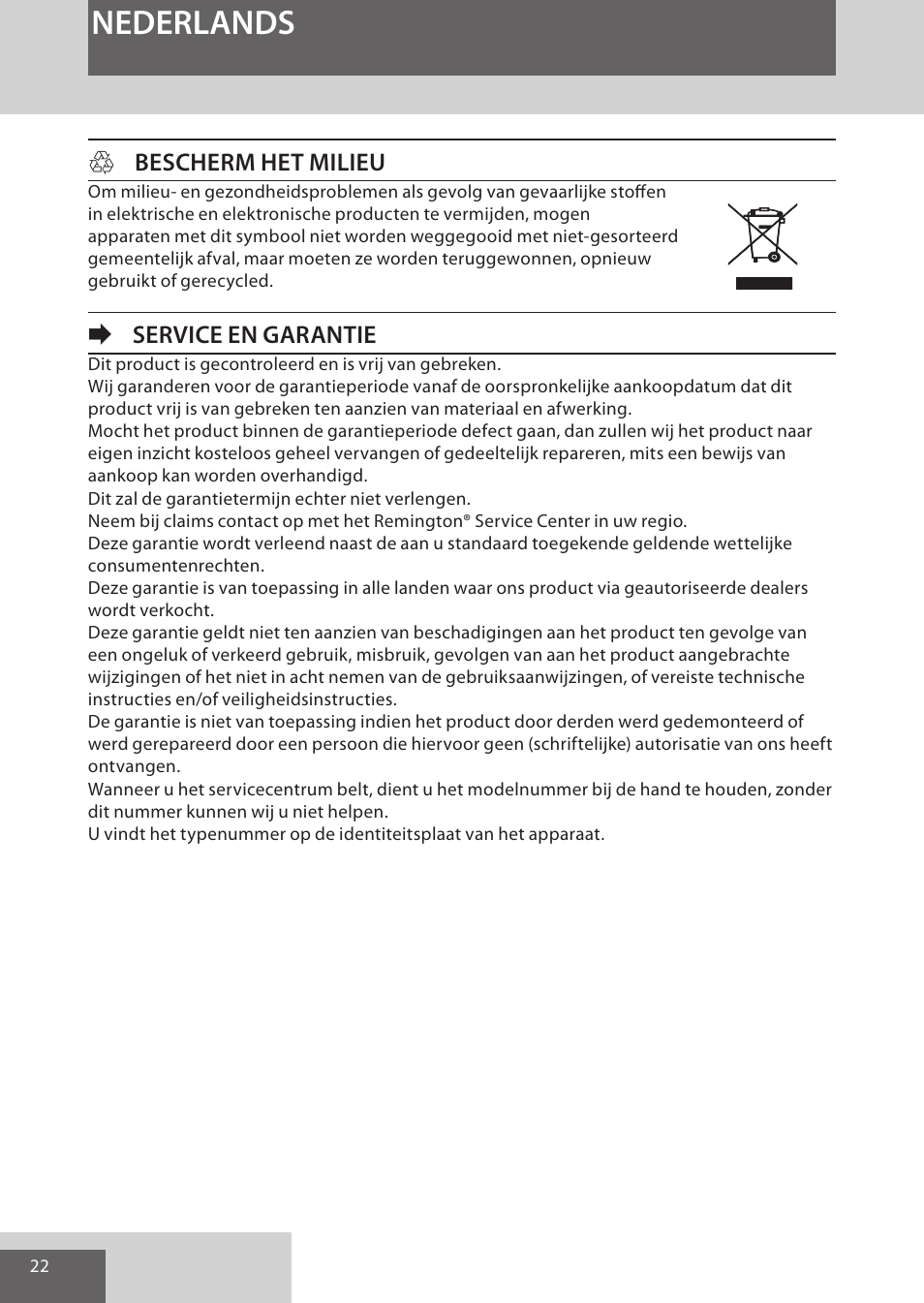 Nederlands, Hbescherm het milieu, Eservice en garantie | Remington EP7030 User Manual | Page 22 / 152