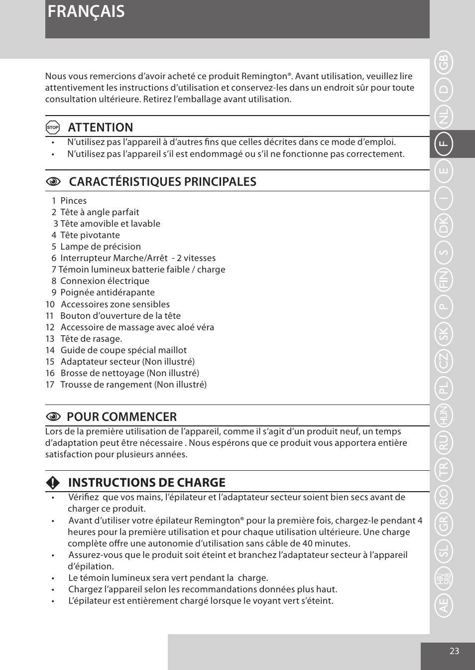 Français, Aattention, Ccaractéristiques principales | Cpour commencer, Finstructions de charge | Remington EP7030 User Manual | Page 23 / 152