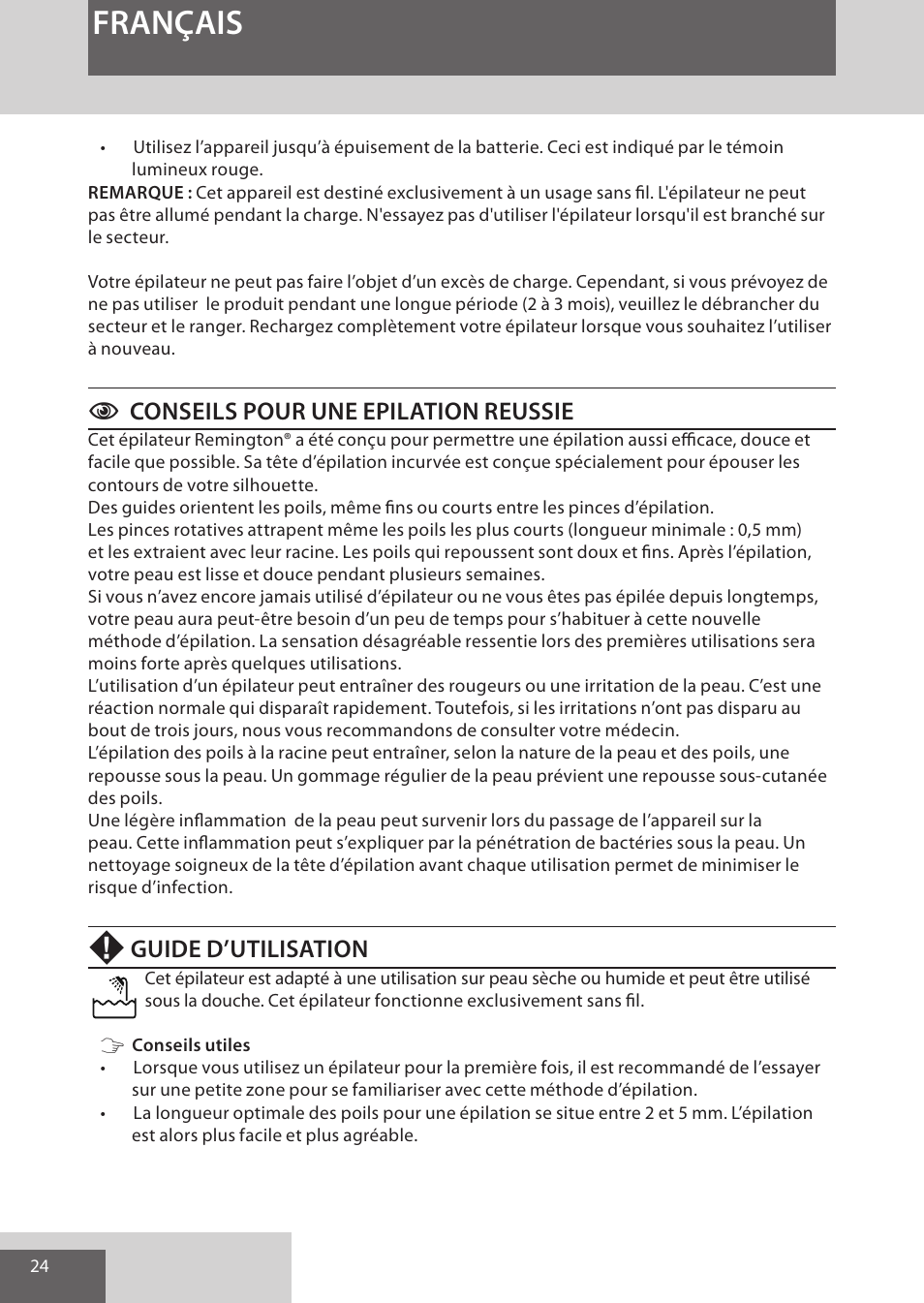 Français, Cconseils pour une epilation reussie, Guide d’utilisation | Remington EP7030 User Manual | Page 24 / 152