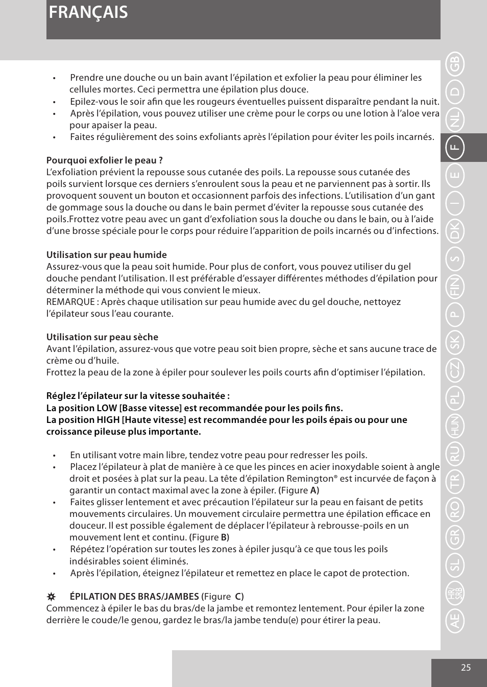 Français | Remington EP7030 User Manual | Page 25 / 152