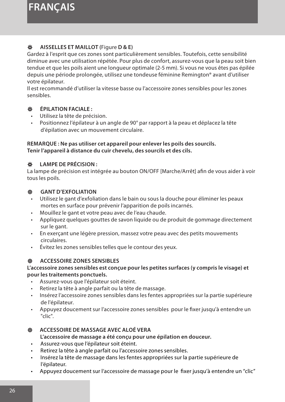 Français | Remington EP7030 User Manual | Page 26 / 152