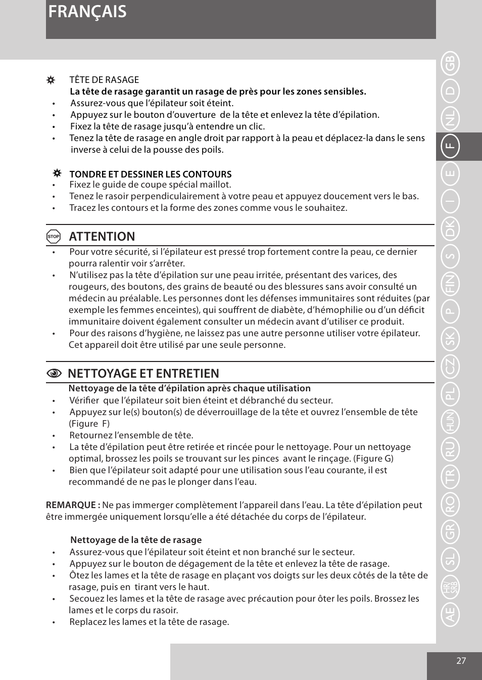 Français, Aattention, Cnettoyage et entretien | Remington EP7030 User Manual | Page 27 / 152