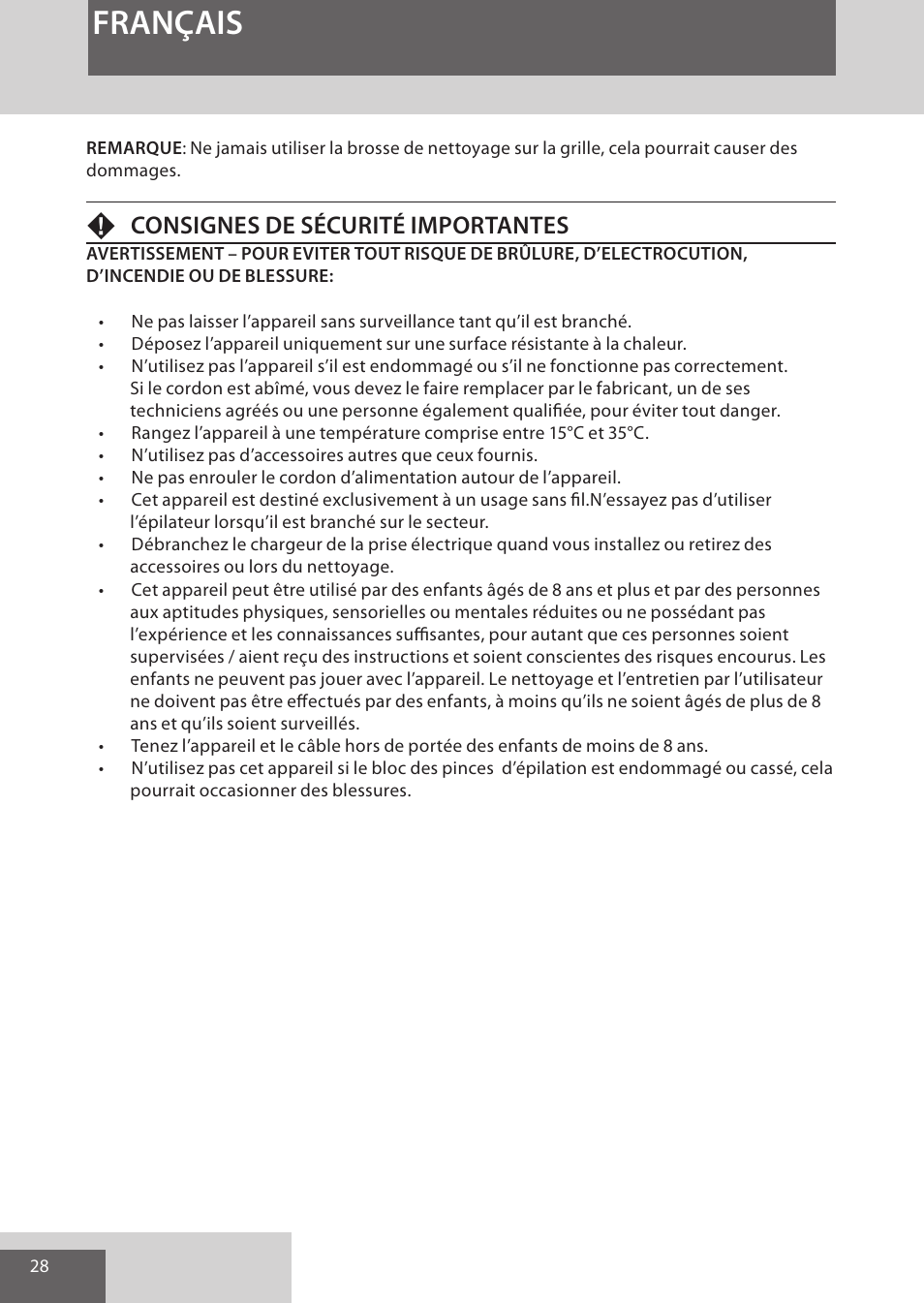 Français, Fconsignes de sécurité importantes | Remington EP7030 User Manual | Page 28 / 152