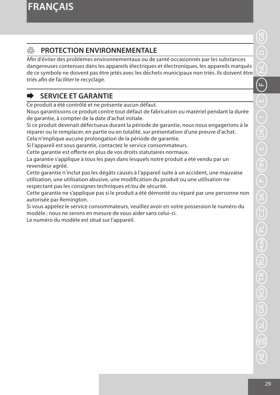 Français, Hprotection environnementale, Eservice et garantie | Remington EP7030 User Manual | Page 29 / 152