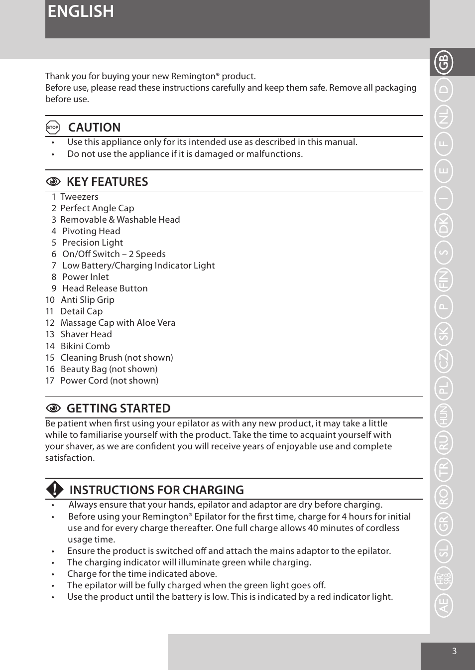 English, Acaution, Ckey features | Cgetting started, Instructions for charging | Remington EP7030 User Manual | Page 3 / 152