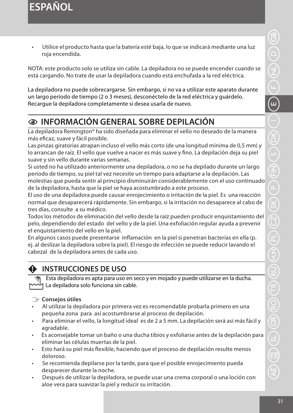 Español, Información general sobre depilación, Finstrucciones de uso | Remington EP7030 User Manual | Page 31 / 152