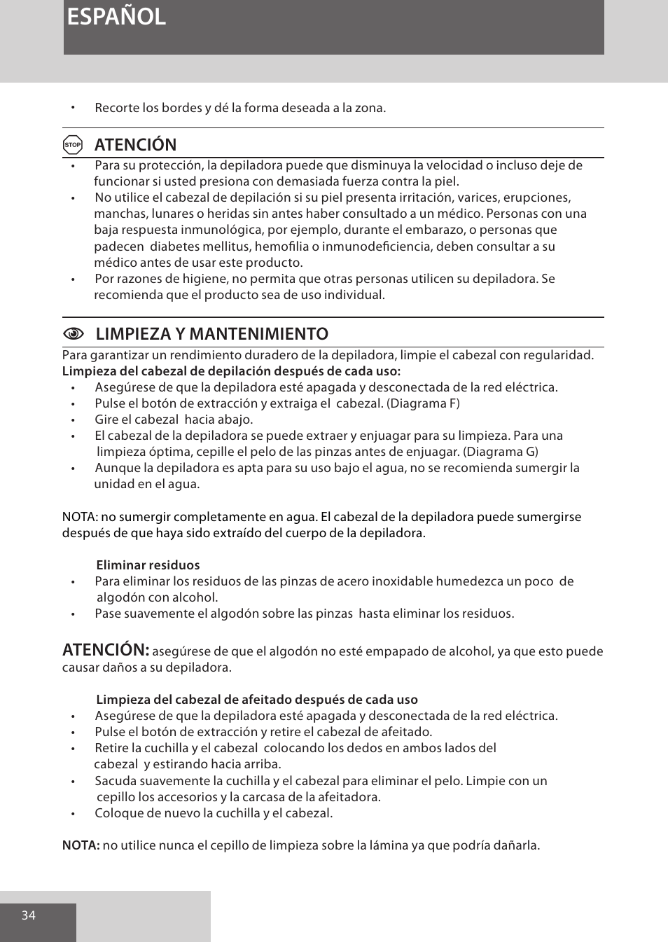 Español, Aatención, Climpieza y mantenimiento | Atención | Remington EP7030 User Manual | Page 34 / 152