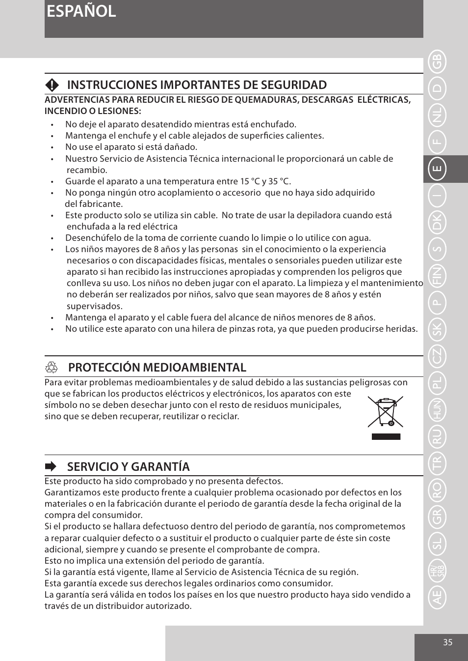 Español, Finstrucciones importantes de seguridad, Hprotección medioambiental | Eservicio y garantía | Remington EP7030 User Manual | Page 35 / 152