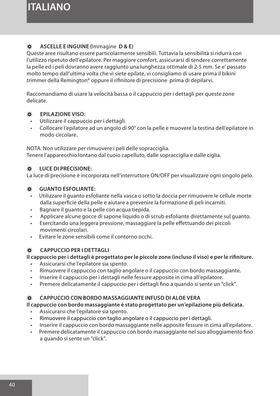 Italiano | Remington EP7030 User Manual | Page 40 / 152