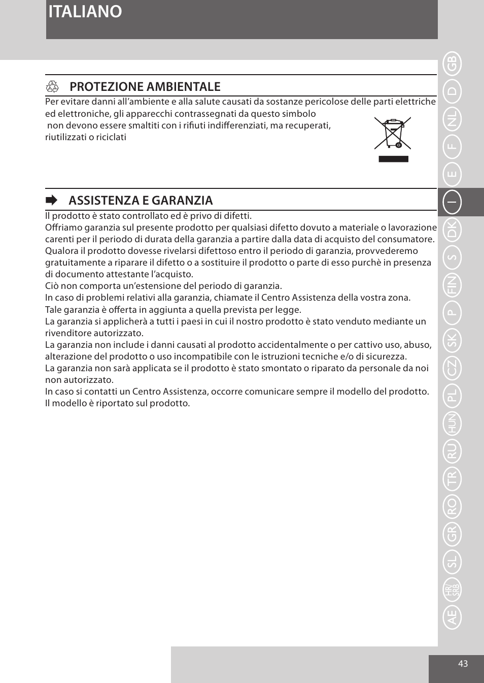 Italiano, Hprotezione ambientale, Eassistenza e garanzia | Remington EP7030 User Manual | Page 43 / 152