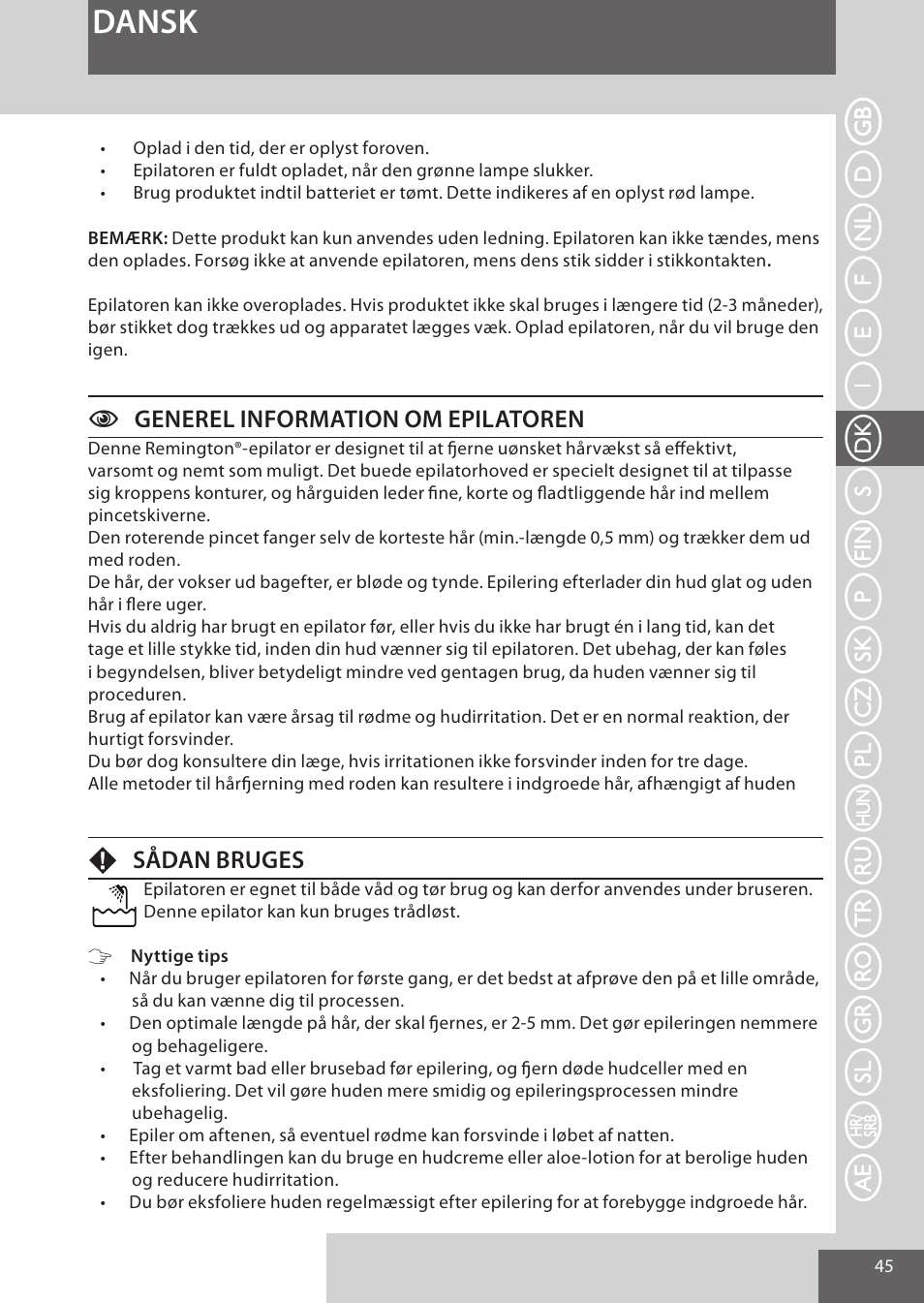 Dansk, Cgenerel information om epilatoren, Fsådan bruges | Remington EP7030 User Manual | Page 45 / 152