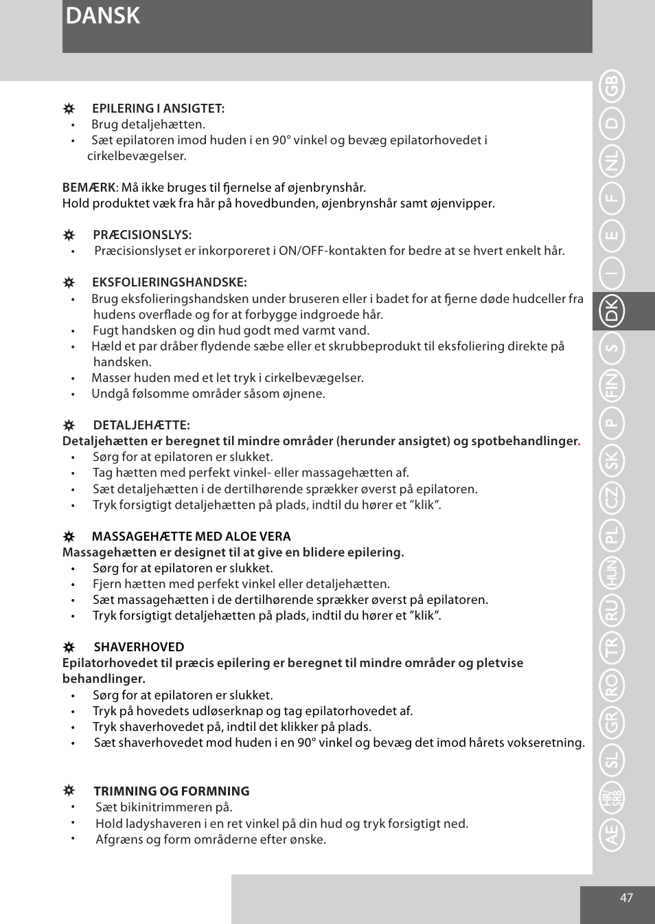 Dansk | Remington EP7030 User Manual | Page 47 / 152