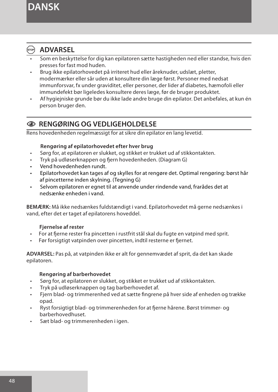 Dansk, Aadvarsel, Crengøring og vedligeholdelse | Remington EP7030 User Manual | Page 48 / 152
